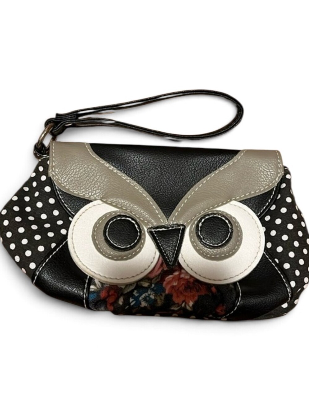 Owl Multi Patterned Black and White Polka Dot Wristlet Clutch Purse
